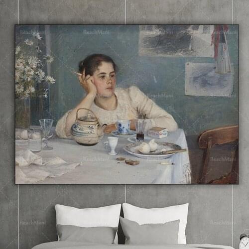 After breakfast, Elin Kleopatra Danielson, reproduction art, daydreaming, smoking girl, kitchen art, boring girl, female portrai