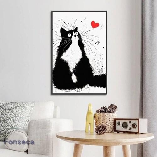 Red Heart Cartoon Cat Posters and Prints Cute Canvas Painting Scandinavian Wall Art Picture For Baby Room Cat Shop Decoration