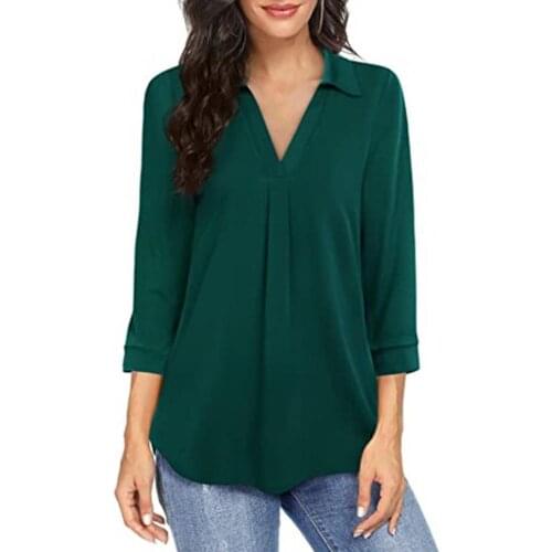 Shirt Women Casual Solid Color V Neck Autumn Loose 3/4 Sleeve Chiffon Shirt Solid Color Pleated Elegant Shirt Women Streetwear