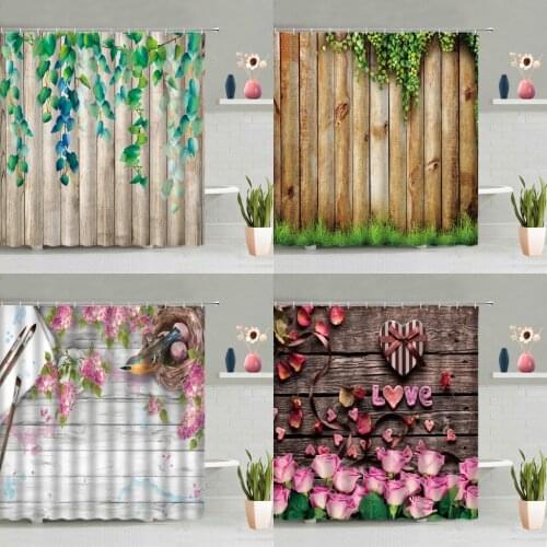 Retro Wooden Board Flower Plant Shower Curtain Sunflower Green Leaf Valentines Day Pink Rose Butterfly Bathtub Screen Washable