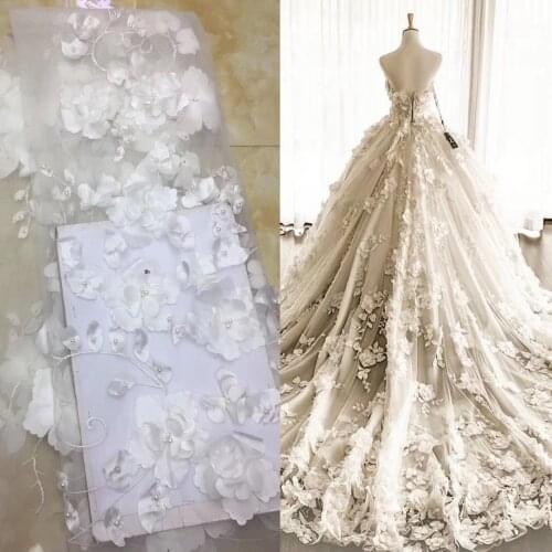 5yards/pc) High quality African party tulle lace 3D flowers appliqued French net lace fabric with beads for dress FZX026