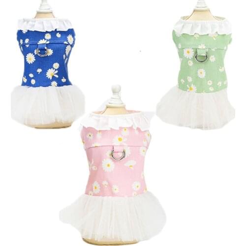 Daisy Print Princess Girl Dog Clothes Pink Green Blue Tulle Chihuahua Pet Clothing Leash Hole Dresses Pet Cat Skirt Princess Dog