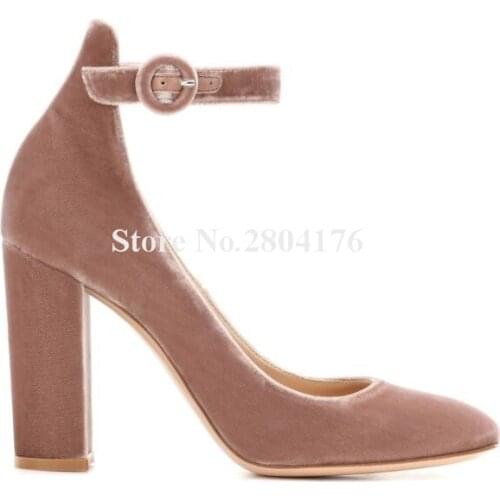 Women Elegant Fashion Round Toe Velvet Chunky Heel Pumps Ankle Buckle Strap Pink Grey Thich High Heels Formal Dress Shoes