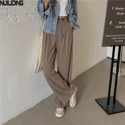 Womens Loose Wide Leg Pants 2021 Autumn Spring Solid High Waist Side Button Long Trousers Female Office Lady Suit Straight Pant