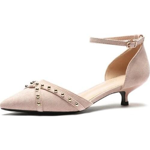 Women pumps Flock Buckle Strap 3.5CM Thin High Heels Pointed Toe rivet Shallow shoes for women women shoes 2020 size 35-42 black