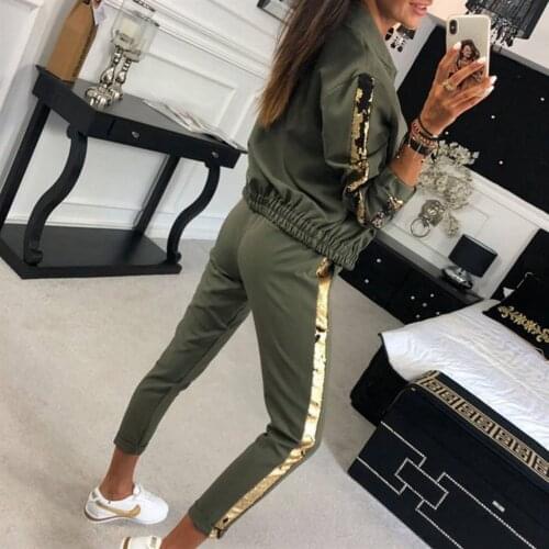 2 Piece Set Suit Women Casual Autumn fashion casual sequin stitching jacket trousers sports Top+Pants Suit Clothes Cheap Clothes