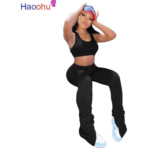 HAOOHU women solid sleeveless crop tank tops stacked bell bottom jogger sweatpants suit two piece set sport tracksuit outfit