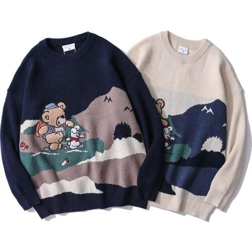 Sweater Cartoon Funny PBear Backpac Knitting O-Neck Pullover Oversize Sweaters Women Casual Japanese Streetwear Couple Outfit