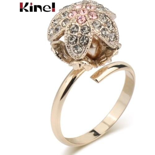 Kinel Unique Vintage Jewelry Fashion Champagne Gold Pink Crystal Ring Hollow Package Pearl Engagement Rings For Women Party Gift