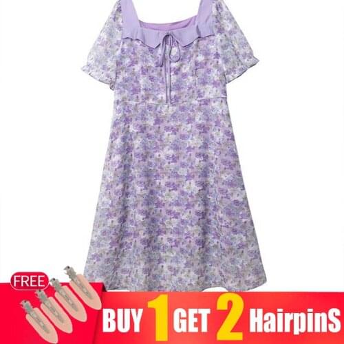 Plus size womens summer plump girl square neck floral dress temperament sweet dress loose and thin chiffon floral dresses