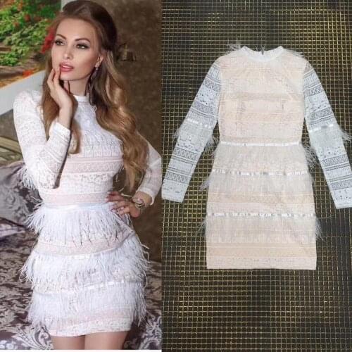 Top quality white bandage feather lace patchwork bodycon dress wholesale ladies sexy long sleeve rayon bandage dress