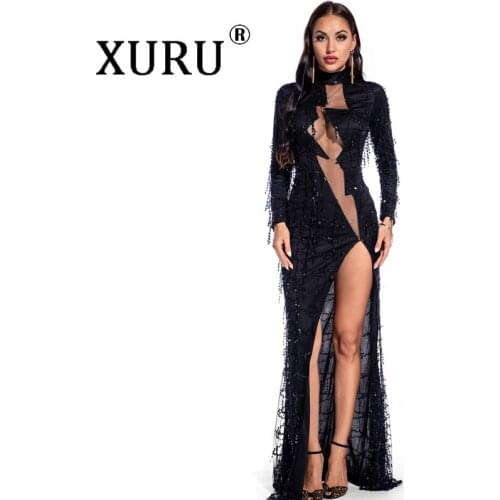XURU European and American Womens Sequin Dress Sexy High Slit Long Dress Club Party New Product Dress