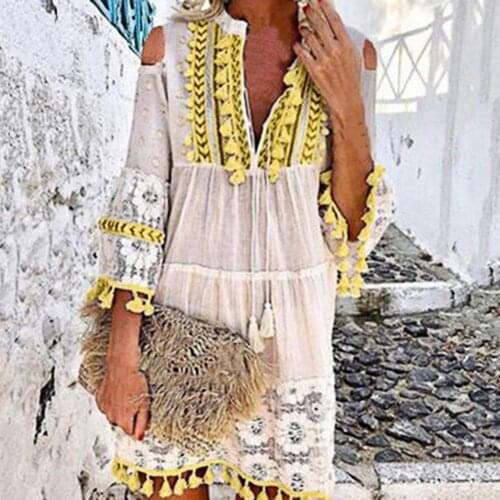 Women Mini Dress 3/4 Sleeve Deep V Neck High Waist Solid Color Stylish Tassel Shift Casual Bohemian Dresses Sundress Streetwear