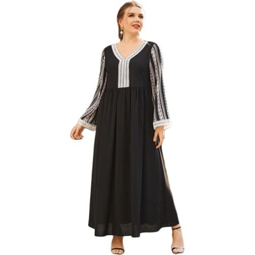 Prayer Abaya 2021 Large Womens V-Neck Long Sleeve Print Stitching Pleated Waist Fashion Black Dress Mc2116