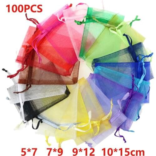 100pcs 24 Colors Jewelry Bag Wedding Gift Organza Bag Jewelry Packaging Display & Jewelry Pouches 5*7 7*9 9*12 10*15cm
