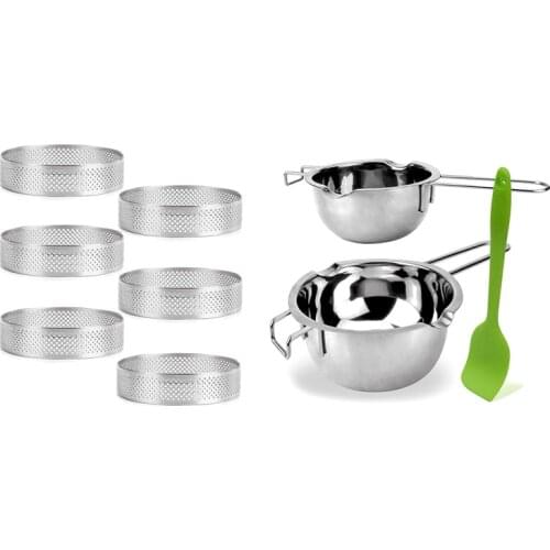6 Pack Stainless Steel Tart Rings with 2 Pack Double Boiler Melting Pot with Silicone Spatula