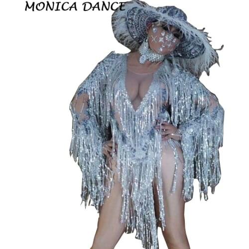 Sparkly Sequin Fringes Bodysuit Hat Performance Costume Women One-piece Dance Wear Singer Stage Leotard Rave Festival Costume