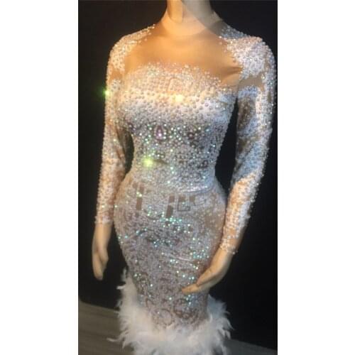 Sparkly Silver Rhinestones Black Fringes See Through Short Dress Women Birthday Celebrate Party Dress Prom Outfit Bar Dance Wear