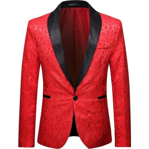 Blazer Shawl Lapel Men 1 Button Tuxedo Jacket Jacquard Banquet Singer Host Stage Costume Nightclub Ball Business Party Red Black