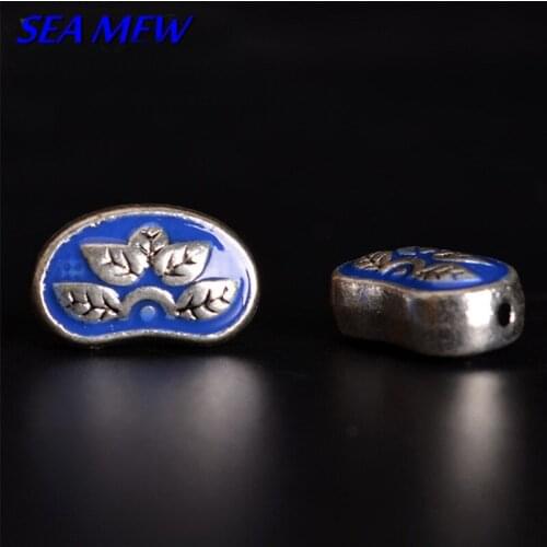 10pcs 14*9mm Nepal Metal Alloy Beads Blue Flowers Spacer Beads DIY Handmade Colored Drawing Flat Beads For Jewelry Making