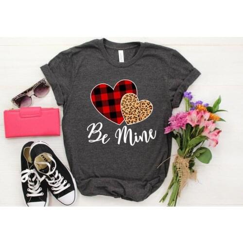 Be Mine Love Leopard Heart Valentine Holiday Shirt Fashion Graphic Cotton Women Tshirts Korean O Neck Casual Short Sleeve Tees