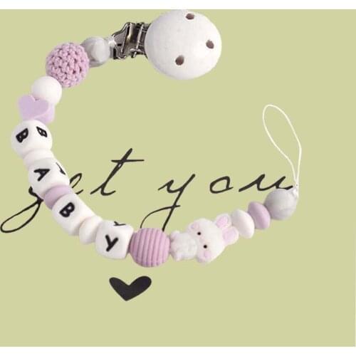 Personalized Name Handmade Silicone Pacifier Chain Holder Clips Safe Teething Chain Cute Rabbit Baby Teether Eco-friendly Beads