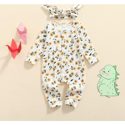 FOCUSNORM 2pcs Infant Baby Girls Boys Autumn Lovely Rompers Headband 0-24M Flowers Printed Long Sleeve Single Breasted Jumpsuits
