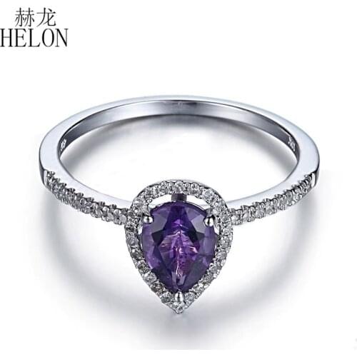 HELON Solid 14K White Gold Flawless Pear 7x5mm Genuine Natural Amethyst Diamonds Engagement Wedding Women Jewelry Diamond Ring