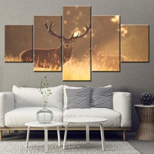 Canvas Painting Red deer in golden morning light 5 Pieces Wall Art Painting Modular Wallpapers Poster Print Home Decor