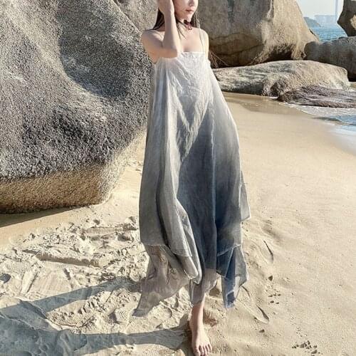 Johnature Women Dress Cotton Gradient Color Sleeveless Belt Suspender Dress 2021 Summer New Casual Vintage Irregular Dresses