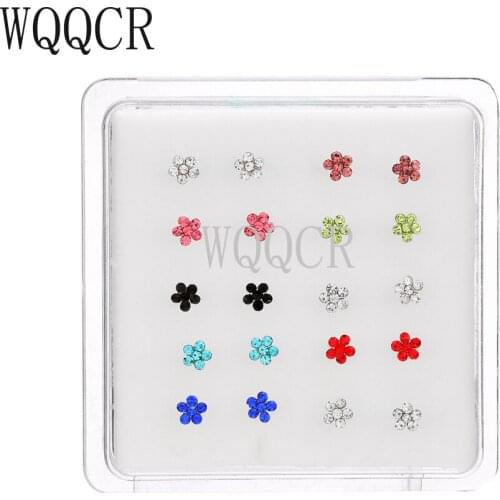 20 PCS/1 Box 925 Sterling Silver Nose Stud Nose Ring Body Puncture Jewelry Flower Colorful Crystal Nose Nail Puncture Needle