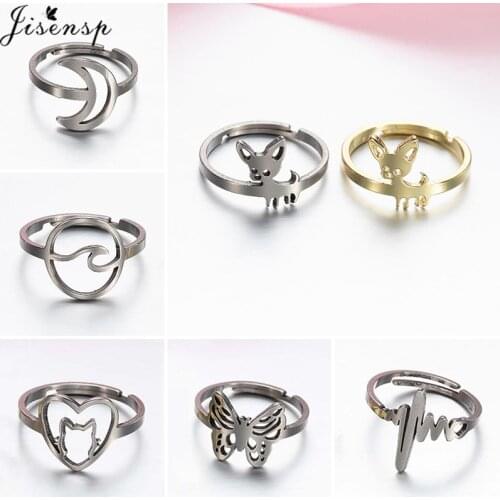 Cute Stainless Steel Chihuahua Dog Open Rings for Women Men Punk Geometry Wave Heartbeat Cat Ring Stainless Steel Jewelry Gifts