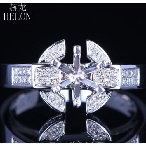 HELON 6.5mm Round Cut Solid 14K White Gold Natural Diamond Semi Mount Engagement Wedding Ring Setting 6 Prong Women Fine Jewelry