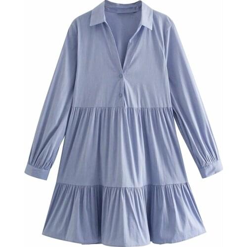 Evfer Casual Lady Turn-Down Collar Za Shirt Style Mini Dresses Women Elegant Long Sleeve Single Breasted Pleated Short Dress