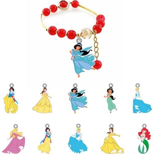 Disney Ariel Belle Princess Modeling Acrylic Bracelet Animated Character Charm Epoxy Resin Bracelet Jewelry Red Bead Bracelet