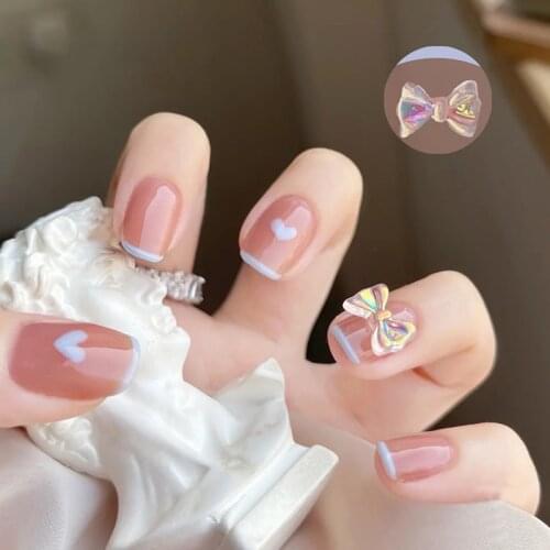 24pcs Fake Nails With Glue Bow Heart Shape Wear Long Paragraph Fashion Manicure Patch False Nails Wearable Nail Patch DL