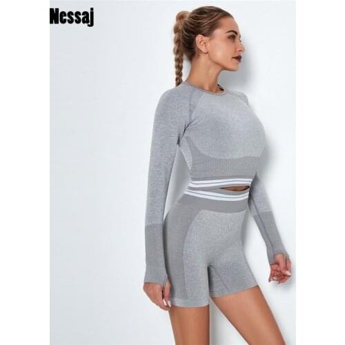 Nessaj Seamless Clothing Mesh Long Sleeve +Short Set Fitness Workout Sets Gym Outfits For Women Athletic Legging Women Suit