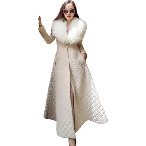 Latest Winter warm ladies cotton-padded with long wool collar trim outside overskirt swing style windbreaker MF017