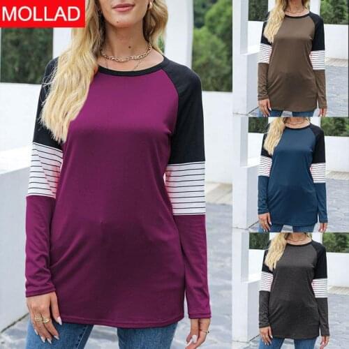 2021 Long Sleeve Popular Autumn and Winter New Solid Color Raglan Sleeve Patchwork Stripes Top T-shirt Womens Clothing