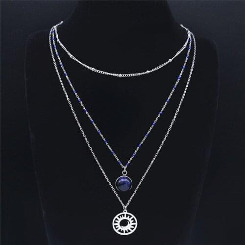Stainless Steel Blue Natural Stone Astrology Moon Pentagram Layered Charm Necklace Women Silver Color Jewelry bijoux N3520S02