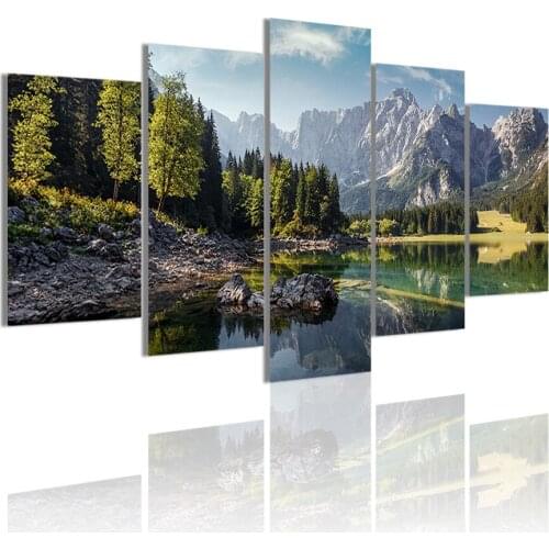 Landscape Forest Lake Mountain 5 Panels Canvas Painting HD Poster Wall Art Print Picture Living Room Interior Home Decor Frame