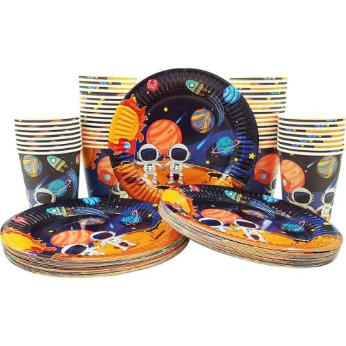 Party supplies 96pcs Astronaut Solar Space party kids birthday party tableware 48pc dessert plates dishes and 48pc cups glasses