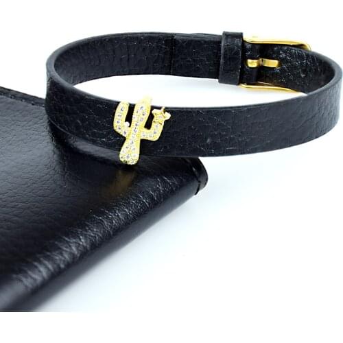 Vintage Leather Bracelet Cactus CZ White Turkish Copper Inlaid Zircon Bracelet for Women Luxury Jewelry Gift