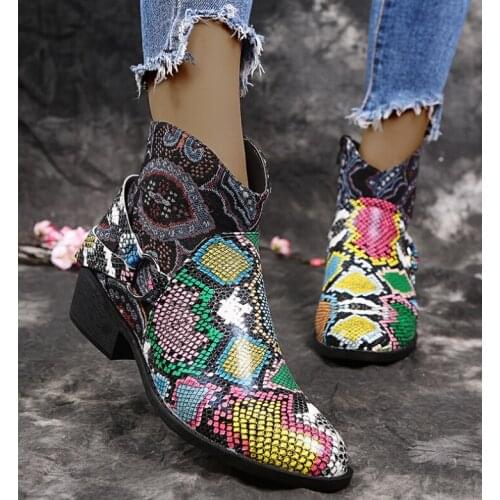Vintage Leather Printed Ankle Boots For Women Shoes Retro Block High Heels Winter Antumn Women Boots 2020 Fashion Booties