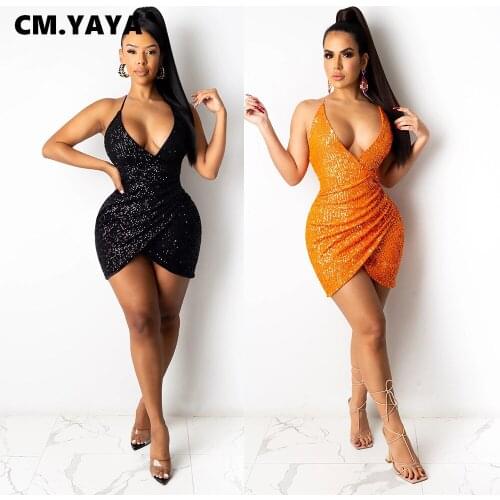 CM.YAYA Sequin Splicing Women Dress for sexy Club Party Spaghetti Strap Ruched Stacked Open Back Sleeveless Bodycon Midi Dresses