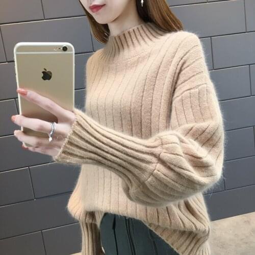 Winter 2021 New Fashion Warm High Neck Mohair Womens Sweater Lantern Sleeve Casual Solid Color Loose Simple Pullover Korean