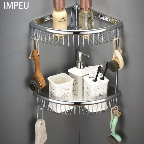 2 Tier Corner Shelf Storage Organizer with Towel Hooks, Idea for Kitchen and Bathroom, Shower Basket, Solid Brass Material
