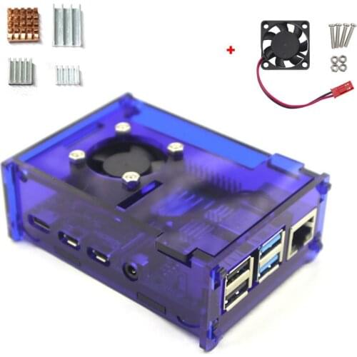 Raspberry Pi 4 Blue Acrylic Case Enclosure Box with Cooling Fan and Copper Aluminum Heatsink Kit