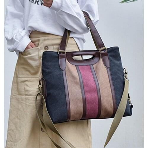 Retro Large Shoulder Tote Bag Multicolor Striped Canvas Crossbody Hobo Handbag