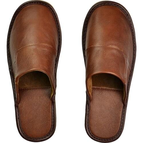 Genuine Cow Leather Slippers Indoor Non-slip Men and Women Home Fashion Casual Single House Shoes TPR Soft Soles Spring Autumn